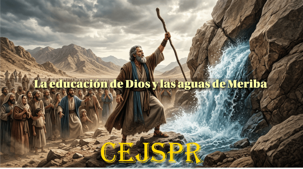 Moisés levanta su bastón frente a una roca, de la cual brota agua, mientras un grupo de personas lo observa en un desierto montañoso.